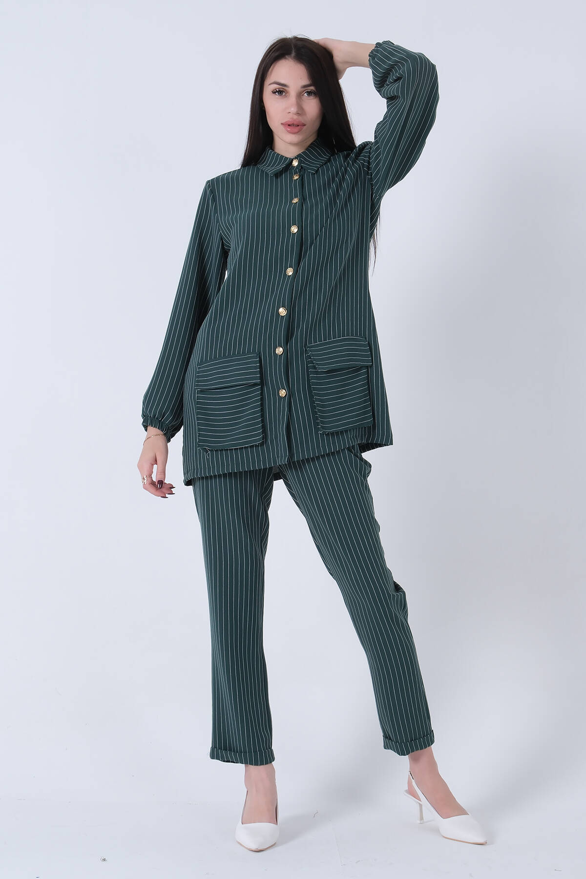 Zümrüt Gold Düğmeli Çizgili Cepli Pantolonlu Takım 0801415.123 - Ardanewline (1)