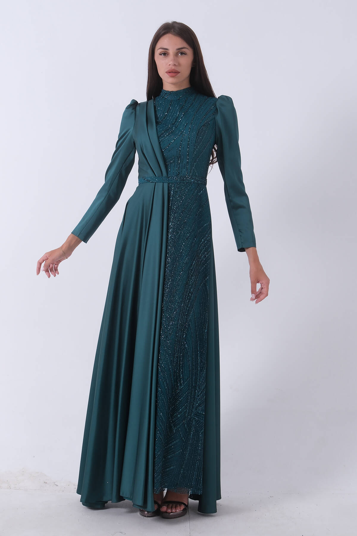 Zümrüt İç Kısmı Simli Saten Abiye 6502431.123 - Ardanewline
