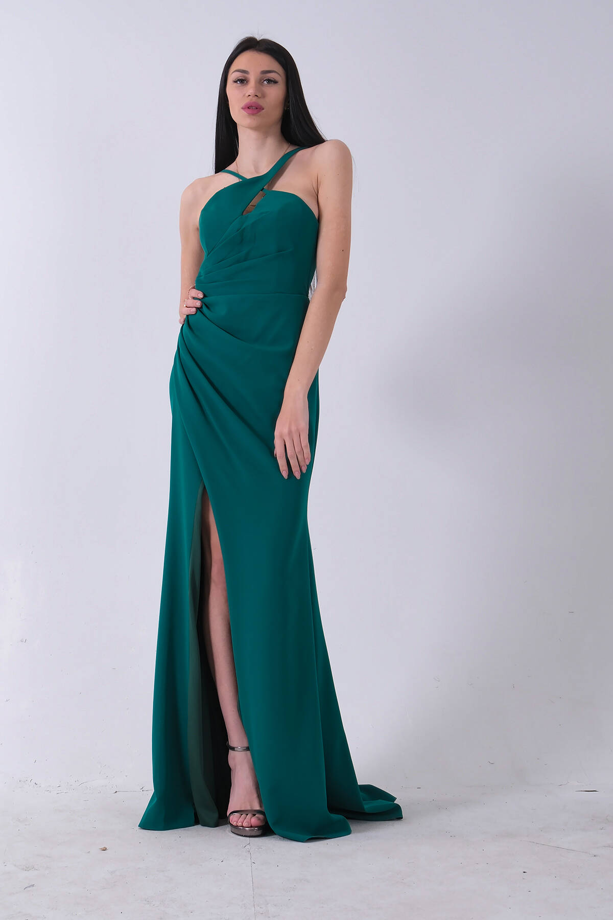 Zümrüt Kadın Kruvaze Yaka Yırtmaç Detaylı Uzun Abiye Elbise 1105273.123 - Ardanewline (1)