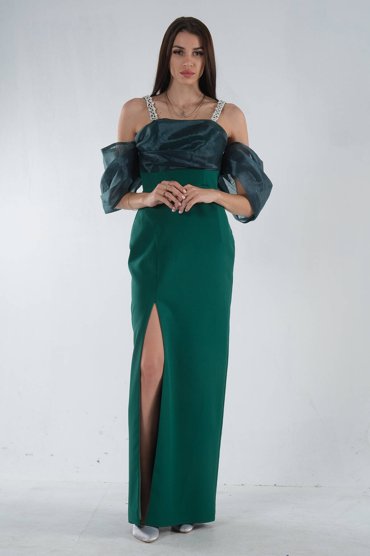 Zümrüt Kolları Şifon Yırtmaçlı Abiye 9705139.123 - Ardanewline