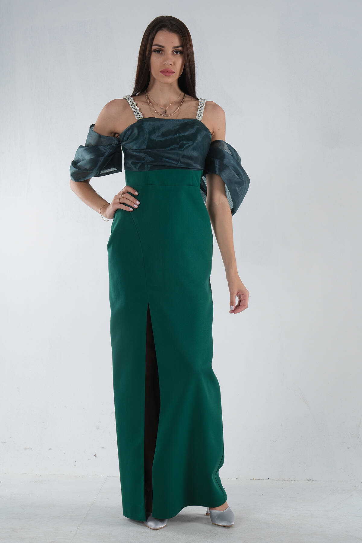 Zümrüt Kolları Şifon Yırtmaçlı Abiye 9705139.123 - Ardanewline (1)