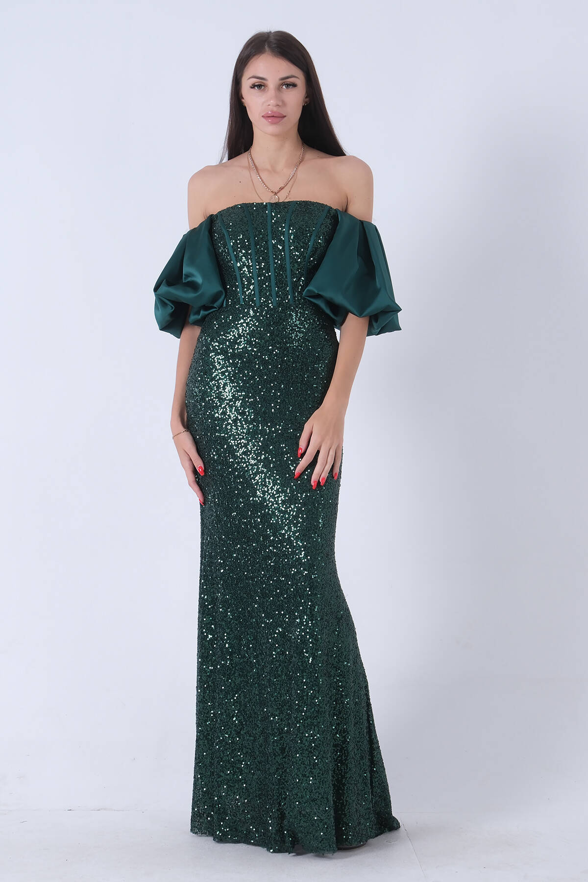 Zümrüt Pul Payetli Balon Kol Abiye 9705296.123 - Ardanewline