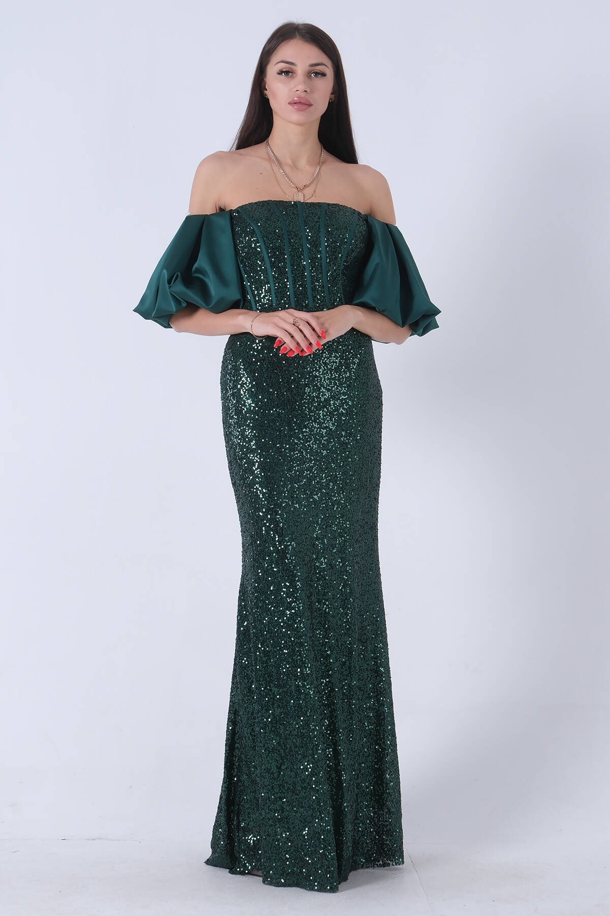 Zümrüt Pul Payetli Balon Kol Abiye 9705296.123 - Ardanewline (1)