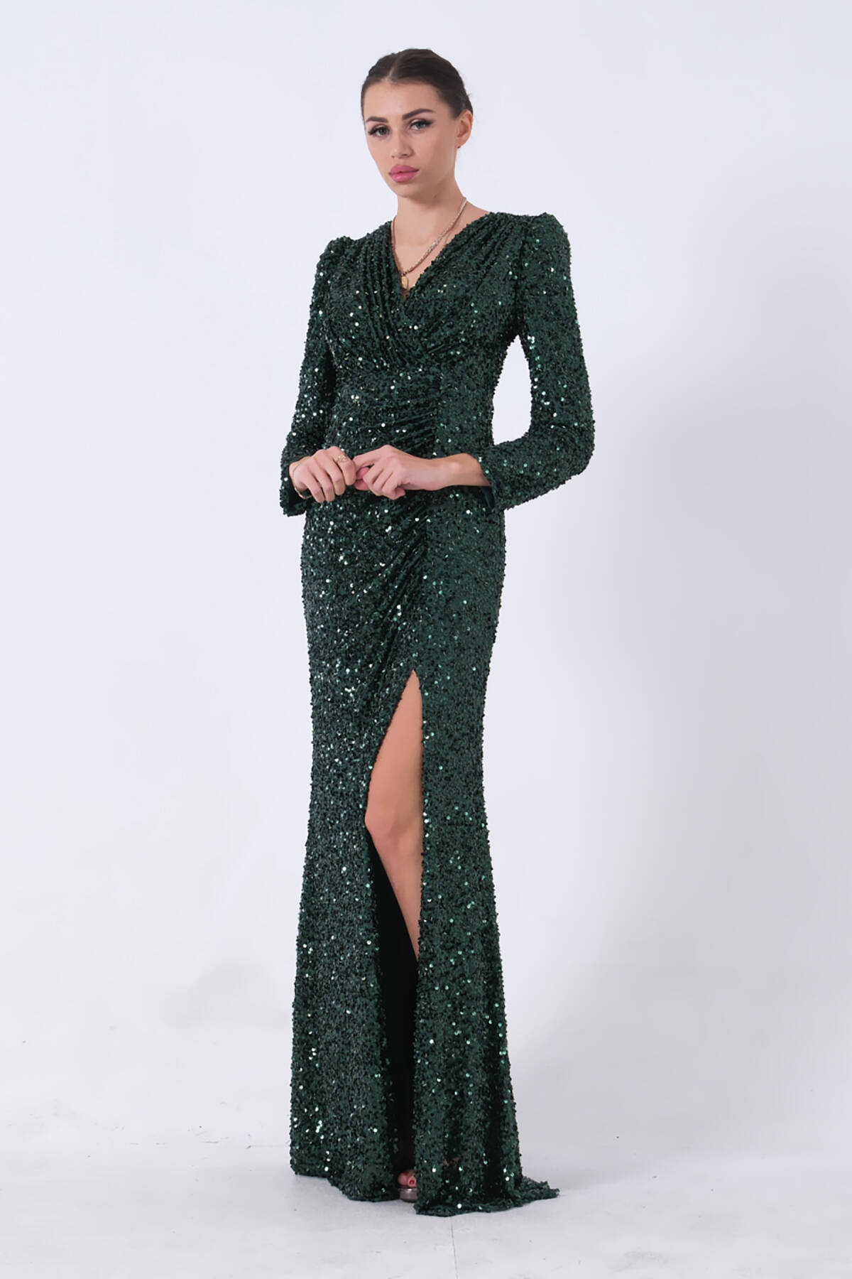 Zümrüt Pul Payetli Drapeli Önü Yırtmaçlı Abiye 9705393.123 - Ardanewline (1)