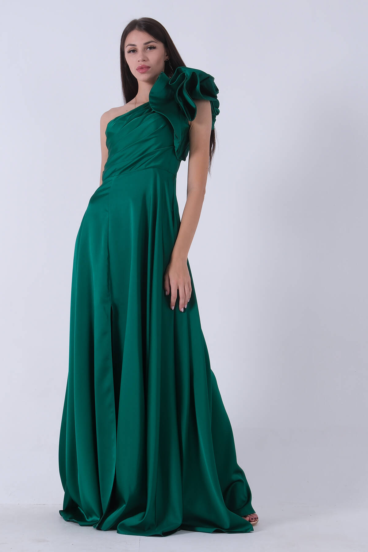 Zümrüt Saten Omuz Fiyonklu Abiye Elbise 1302192.123 - Ardanewline (1)