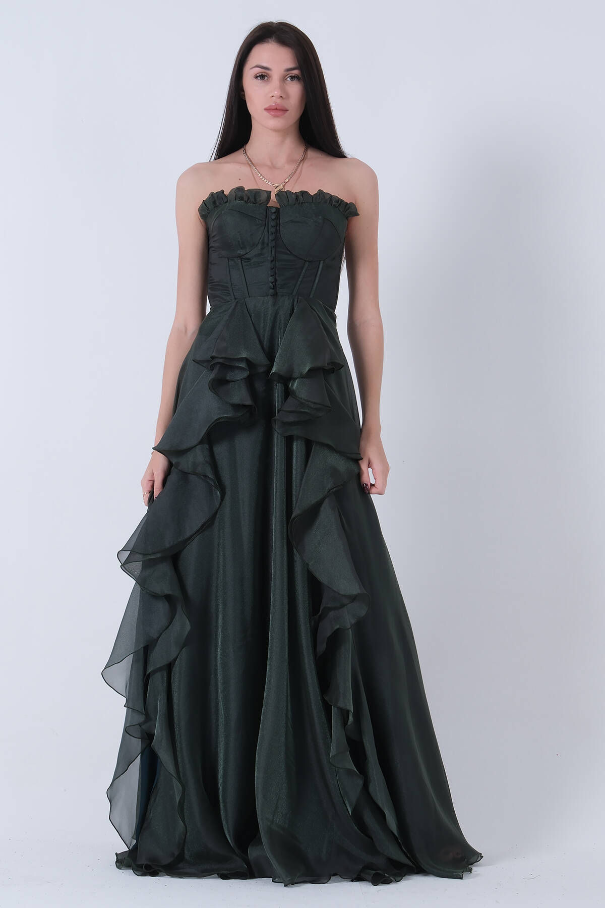 Zümrüt Straplez Yaka Yırtmaçlı Eteği Fırfırlı Abiye 9705234.123 - Ardanewline (1)