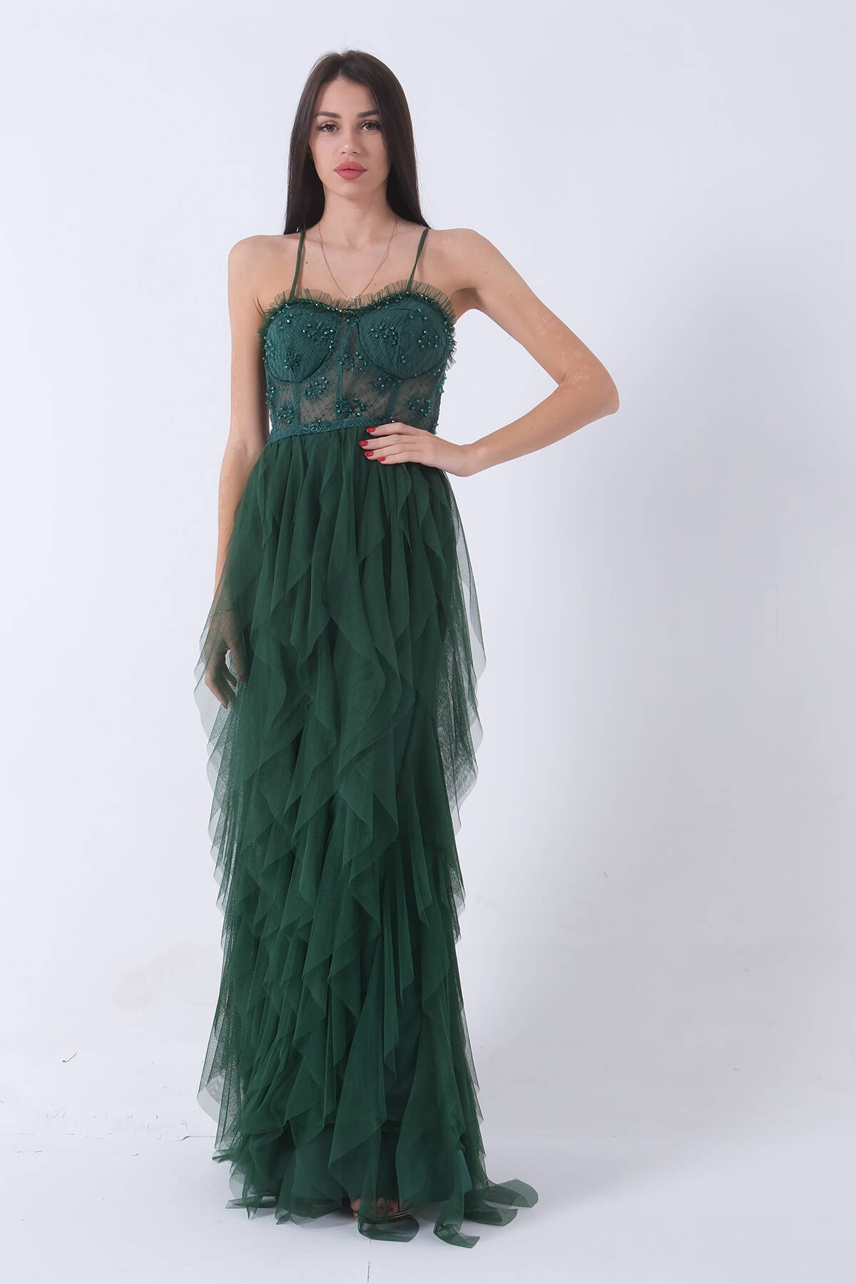 Zümrüt Transparan Taşlı Eteği Fırfırlı Abiye 9705034.123 - Ardanewline