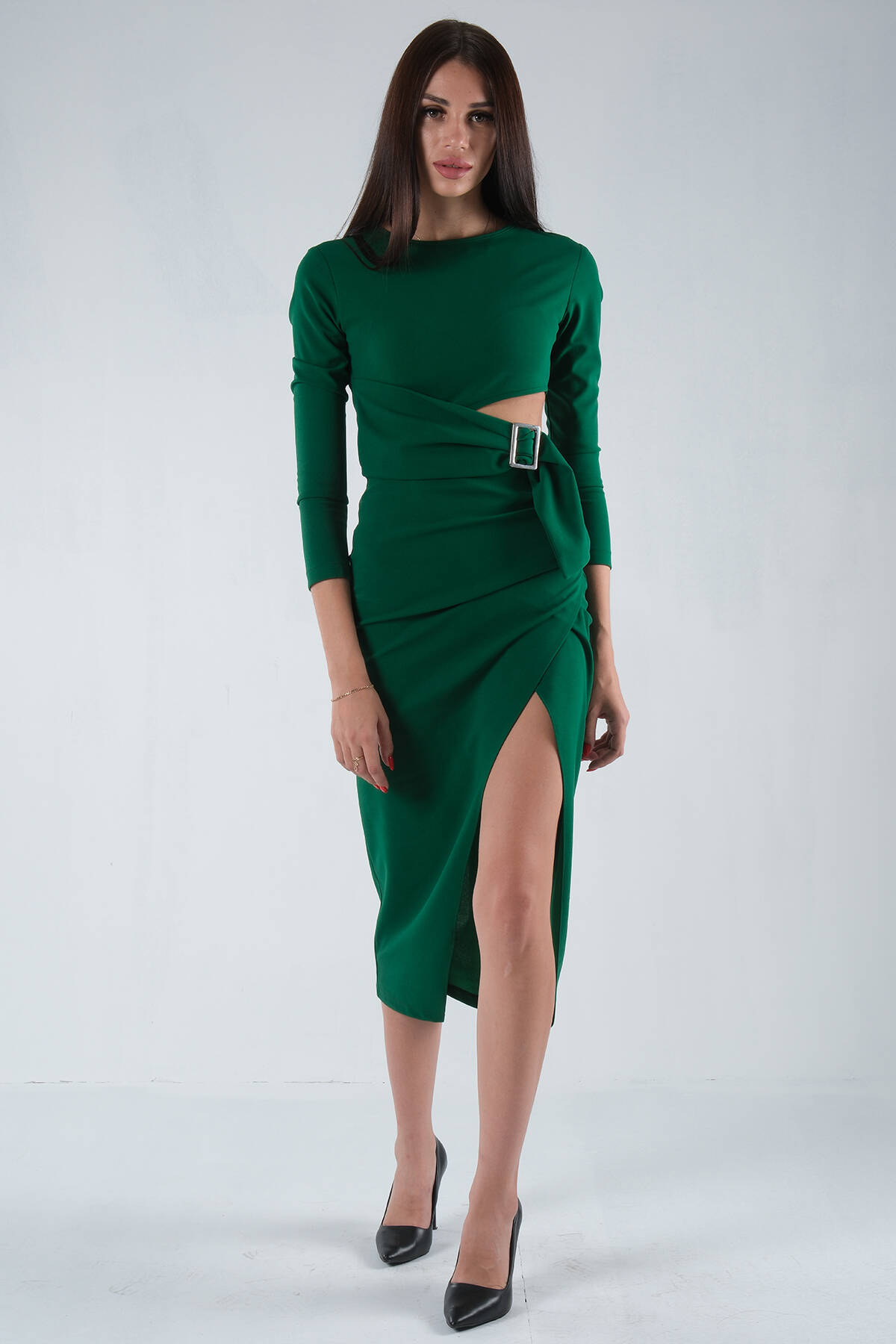 Zümrüt Yırtmaçlı Tokalı Elbise 0104025.123 - Ardanewline